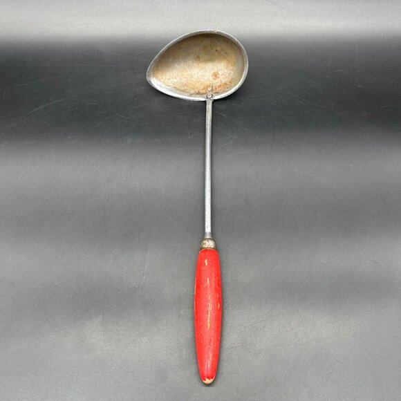Vintage Ladle Spoon Dipper Red Wooden Handle Rustic Kitchen 1950s Retro Mid Cent - Picture 2 of 9